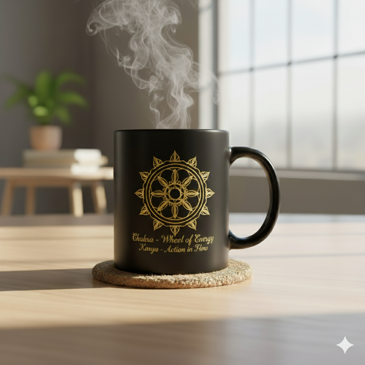 black ceramic mug chakra wheel of energy golden mandala
spiritual coffee mug karya action in flow
chakra mug for meditation yoga mindfulness
premium black mug with gold design karya mandal