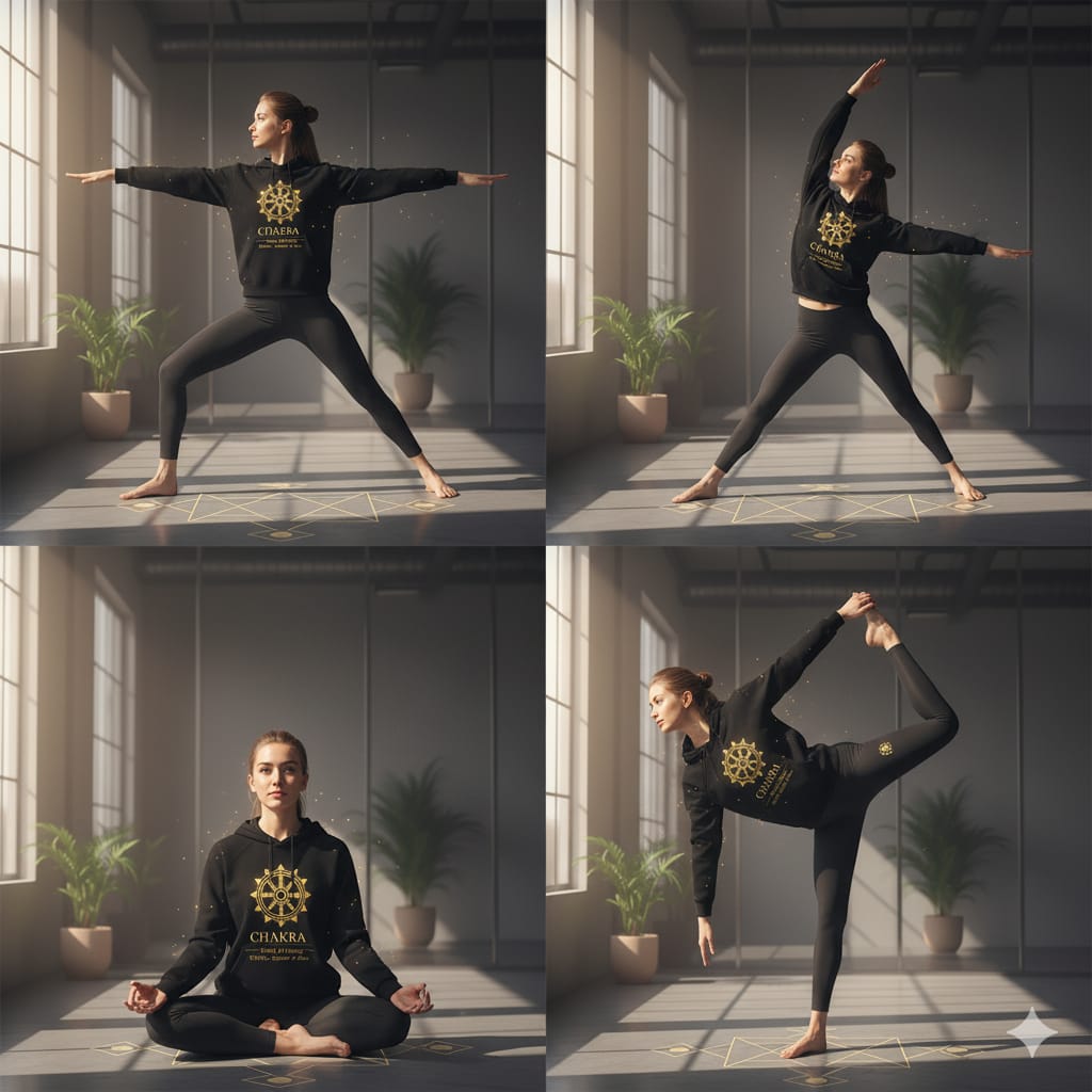 black hoodie karya chakra wheel of energy front view
yoga hoodie chakra mandala print unisex
spiritual streetwear hoodie women yoga pose
cotton fleece hoodie black 320 gsm karya