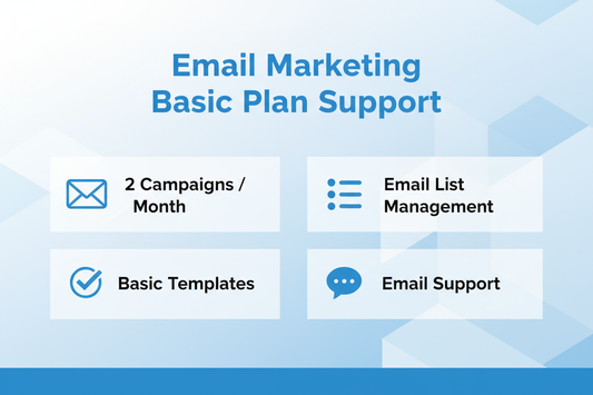 Email Marketing Basic Plan Support:
2 Campaigns / Month
Basic Templates
Email List Management
Email Support