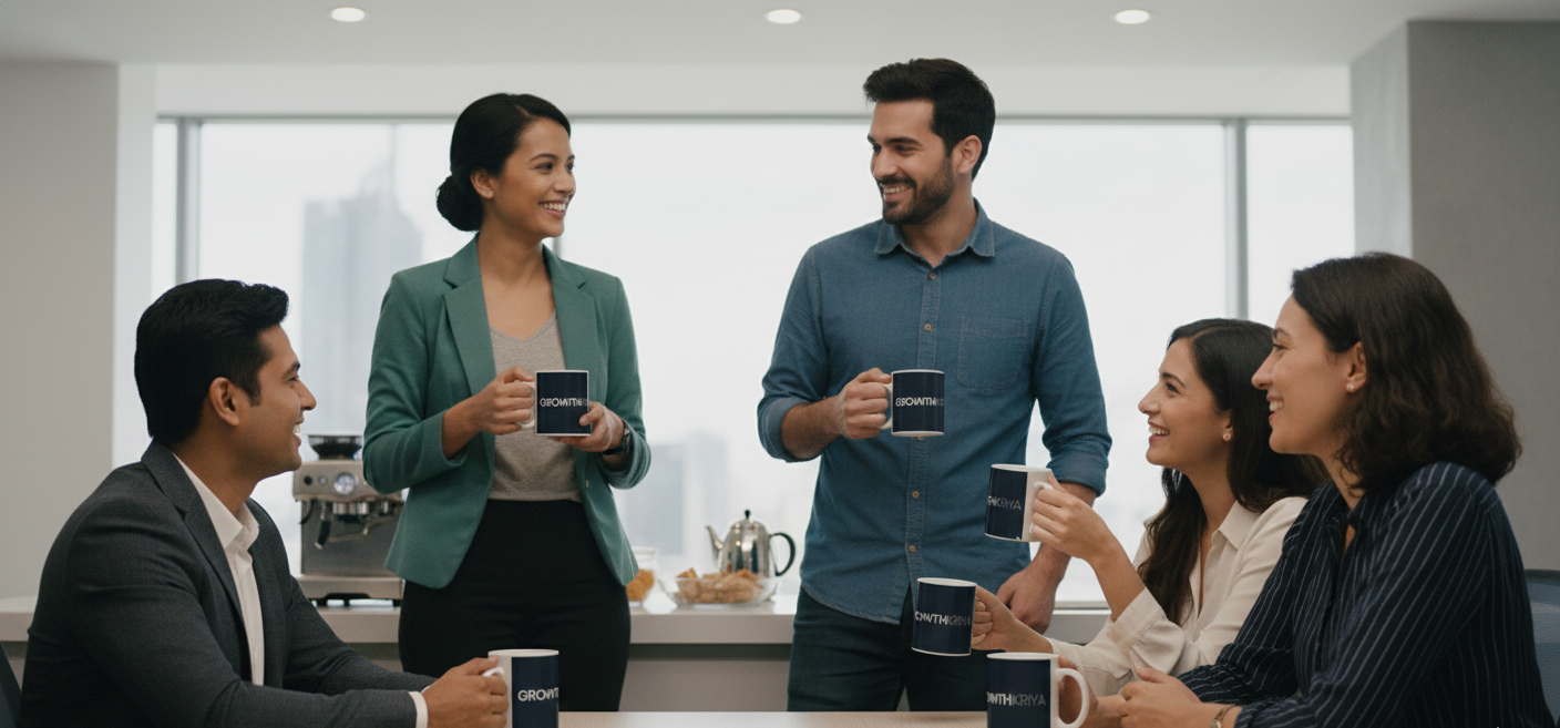 Group of people sitting around a table with coffee mugs in an office setting