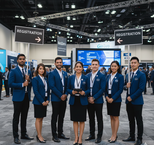 Group of event staff in blue uniforms at a convention center
