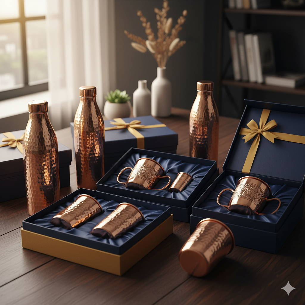 Copper Product Gifting Solutions - Pack of Bottle, Two Glasses, Velvet Gift Box