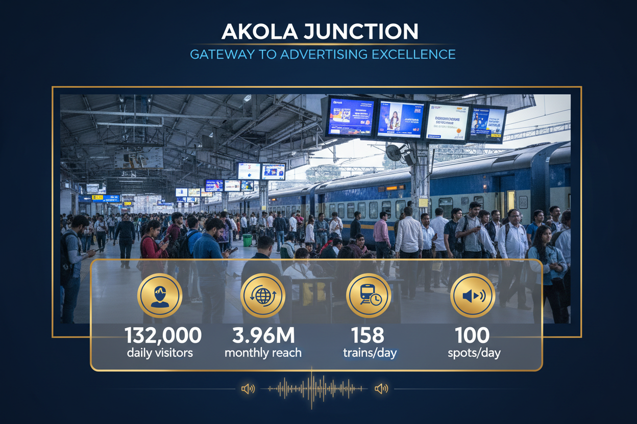Akola Jn Railway Station - Announcement Advertising

Reach a substantial audience at Akola Jn with 132,000 daily visitors and 3.96 million monthly commuters through audio announcements.

Station Statistics:

Total Trains/Day: 158
Average Trains/Day: 66
Daily Visitors Reach: 132,000 passengers
Monthly Visitors Reach: 3,960,000 passengers
No. of Spots/Day: 100 advertising units
Spot Duration In Sec: 15 seconds per display
Monthly FCT at Each Station: 45,000
Monthly Station Wise Cost: ₹2,20,000
create a image 