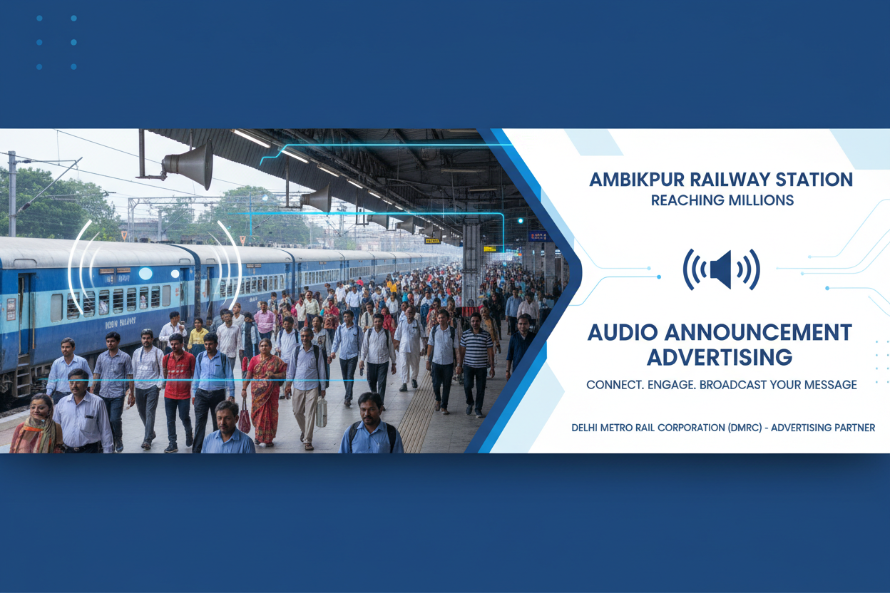 Ambikapur Station - Railway Announcement Advertising

Reach a substantial audience at Ambikapur with 22,000 daily visitors and 6,60,000 monthly commuters through audio announcements.

Station Statistics
Station Name: Ambikapur (12 panels)
Total Trains/Day: 11 trains
Daily Visitors Reach: 22,000 passengers
Monthly Visitors Reach: 6,60,000 passengers
No. of Spots/Day: 50 advertising units
Spot Duration: 15 seconds per announcement
Monthly FCT at Each Station: 22,500
Monthly Station Wise Cost: ₹40,000
img 