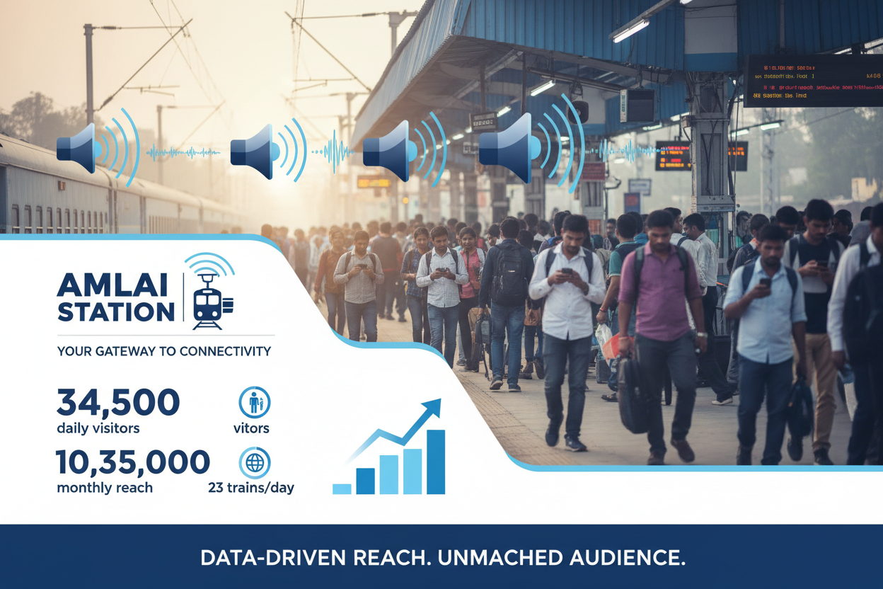 Amlai Station - Railway Announcement Advertising

Reach a substantial audience at Amlai with 34,500 daily visitors and 10,35,000 monthly commuters through audio announcements.

Station Statistics
Station Name: Amlai (26 panels)
Total Trains/Day: 23 trains
Daily Visitors Reach: 34,500 passengers
Monthly Visitors Reach: 10,35,000 passengers
No. of Spots/Day: 100 advertising units
Spot Duration: 15 seconds per announcement
Monthly FCT at Each Station: 45,000
Monthly Station Wise Cost: ₹50,000
create img 