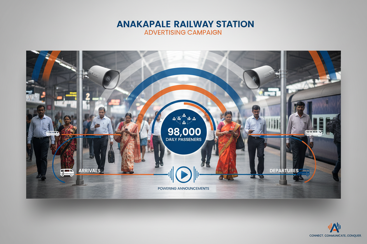 Anakapalle Railway Station - Announcement Advertising
Reach a substantial audience at Anakapalle with 98,000 daily visitors and 2.94 million monthly commuters through audio announcements.
Station Statistics:
Total Trains/Day: 88
Average Trains/Day: 49
Daily Visitors Reach: 98,000 passengers
Monthly Visitors Reach: 2,940,000 passengers
No. of Spots/Day: 100 advertising units
Spot Duration In Sec: 15 seconds per display
Monthly FCT at Each Station: 45,000
Monthly Station Wise Cost: ₹1,00,000
create a image 