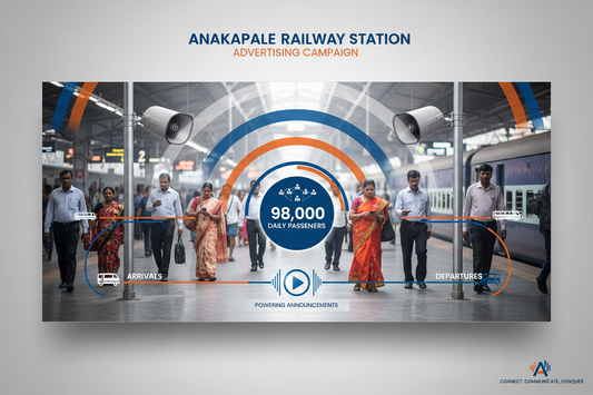 Anakapalle Railway Station - Announcement Advertising
Reach a substantial audience at Anakapalle with 98,000 daily visitors and 2.94 million monthly commuters through audio announcements.
Station Statistics:
Total Trains/Day: 88
Average Trains/Day: 49
Daily Visitors Reach: 98,000 passengers
Monthly Visitors Reach: 2,940,000 passengers
No. of Spots/Day: 100 advertising units
Spot Duration In Sec: 15 seconds per display
Monthly FCT at Each Station: 45,000
Monthly Station Wise Cost: ₹1,00,000
create a image 
