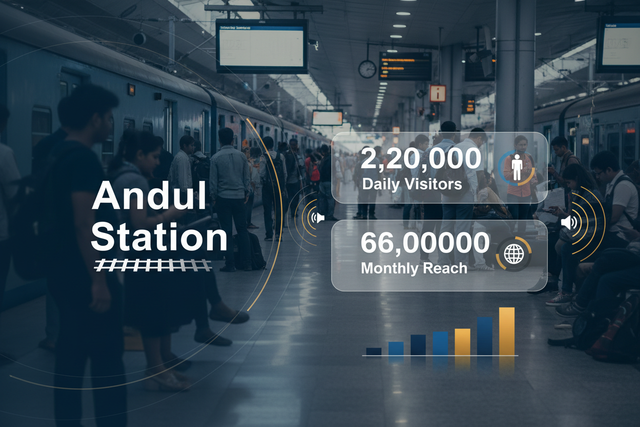 Andul Station - Railway Announcement Advertising
Reach a substantial audience at Andul with 2,20,000 daily visitors and 66,00,000 monthly commuters through audio announcements.
Station Statistics
Station Name: Andul (114 panels)
Total Trains/Day: 110 trains
Daily Visitors Reach: 2,20,000 passengers
Monthly Visitors Reach: 66,00,000 passengers
No. of Spots/Day: 100 advertising units
Spot Duration: 15 seconds per announcement
Monthly FCT at Each Station: 45,000
Monthly Station Wise Cost: ₹1,60,000
Create img 