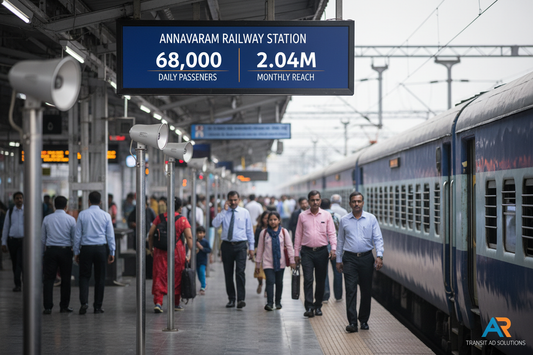 Annavaram Railway Station - Announcement Advertising

Reach a substantial audience at Annavaram with 68,000 daily visitors and 2.04 million monthly commuters through audio announcements.

Station Statistics:

Total Trains/Day: 48
Average Trains/Day: 34
Daily Visitors Reach: 68,000 passengers
Monthly Visitors Reach: 2,040,000 passengers
No. of Spots/Day: 100 advertising units
Spot Duration In Sec: 15 seconds per display
Monthly FCT at Each Station: 45,000
Monthly Station Wise Cost: ₹60,000
create image 
