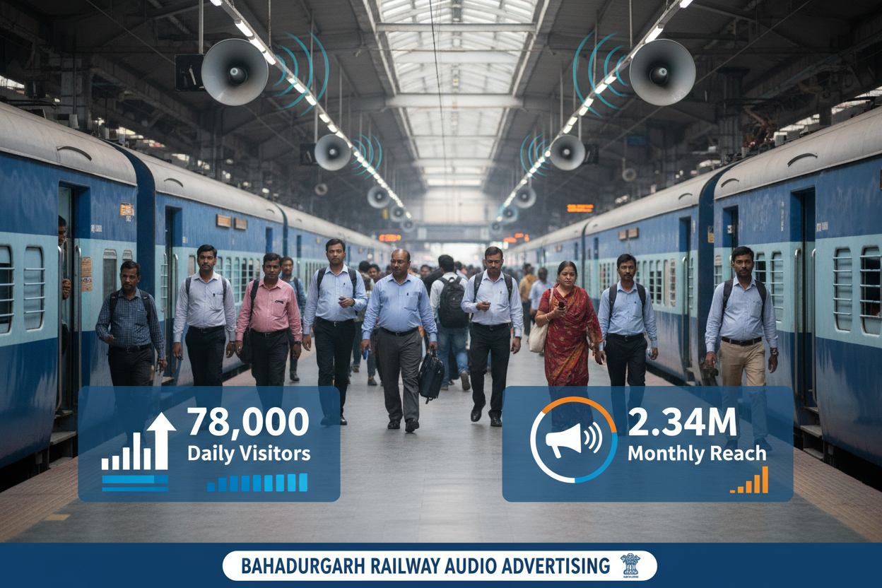 Bahadurgarh Railway Station - Announcement Advertising

Reach a substantial audience at Bahadurgarh with 78,000 daily visitors and 2.34 million monthly commuters through audio announcements.

Station Statistics:

Total Trains/Day: 51
Average Trains/Day: 39
Daily Visitors Reach: 78,000 passengers
Monthly Visitors Reach: 2,340,000 passengers
No. of Spots/Day: 100 advertising units
Spot Duration In Sec: 15 seconds per display
Monthly FCT at Each Station: 45,000