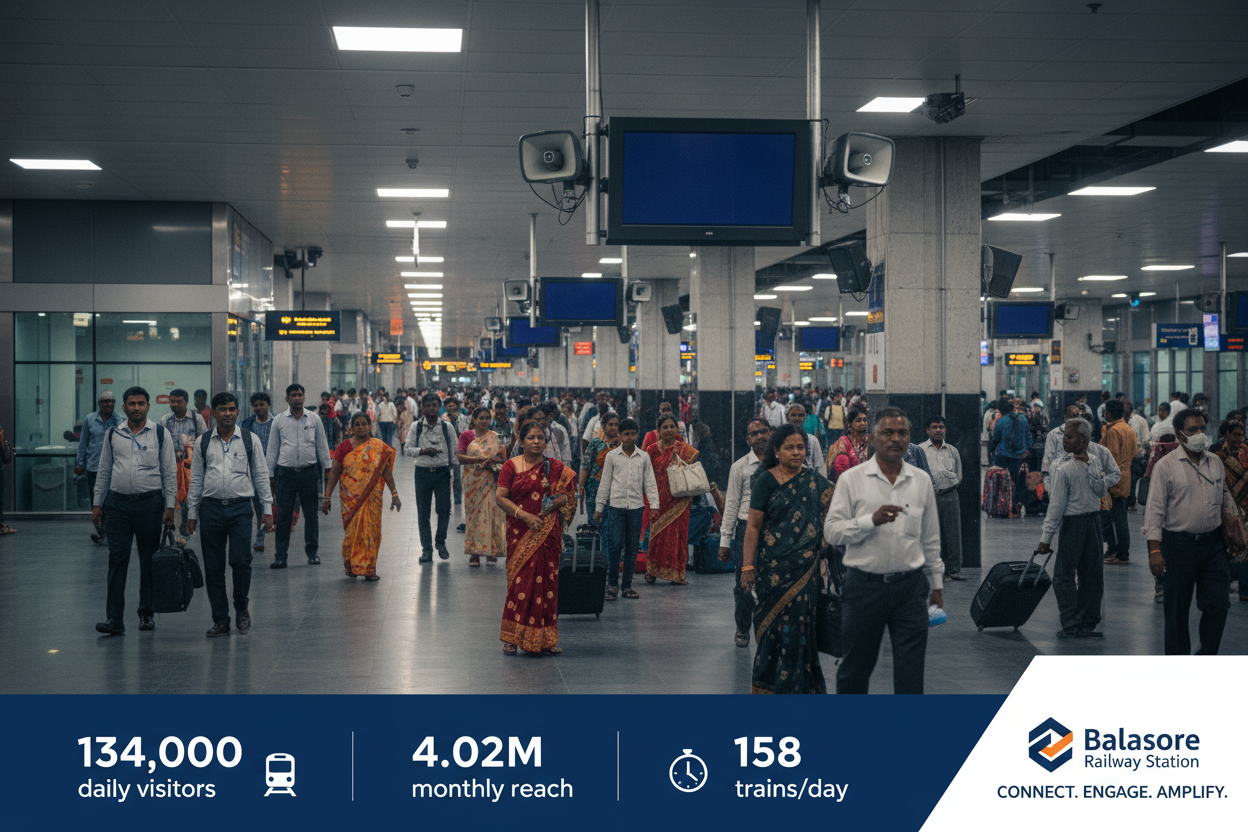 Balasore Railway Station - Announcement Advertising

Reach a substantial audience at Balasore with 134,000 daily visitors and 4.02 million monthly commuters through audio announcements.

Station Statistics:

Total Trains/Day: 158
Average Trains/Day: 67
Daily Visitors Reach: 134,000 passengers
Monthly Visitors Reach: 4,020,000 passengers
No. of Spots/Day: 100 advertising units
Spot Duration In Sec: 15 seconds per display
Monthly FCT at Each Station: 45,000
Monthly Station Wise Cost: ₹1,40,000
Create image 
