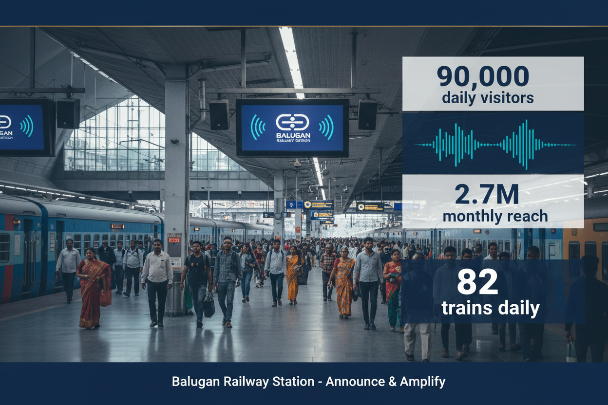 Balugan Railway Station - Announcement Advertising

Reach a substantial audience at Balugan with 90,000 daily visitors and 2.7 million monthly commuters through audio announcements.

Station Statistics:

Total Trains/Day: 82
Average Trains/Day: 45
Daily Visitors Reach: 90,000 passengers
Monthly Visitors Reach: 2,700,000 passengers
No. of Spots/Day: 100 advertising units
Spot Duration In Sec: 15 seconds per display
Monthly FCT at Each Station: 60,000
Monthly Station Wise Cost: ₹80,000
Generate image 