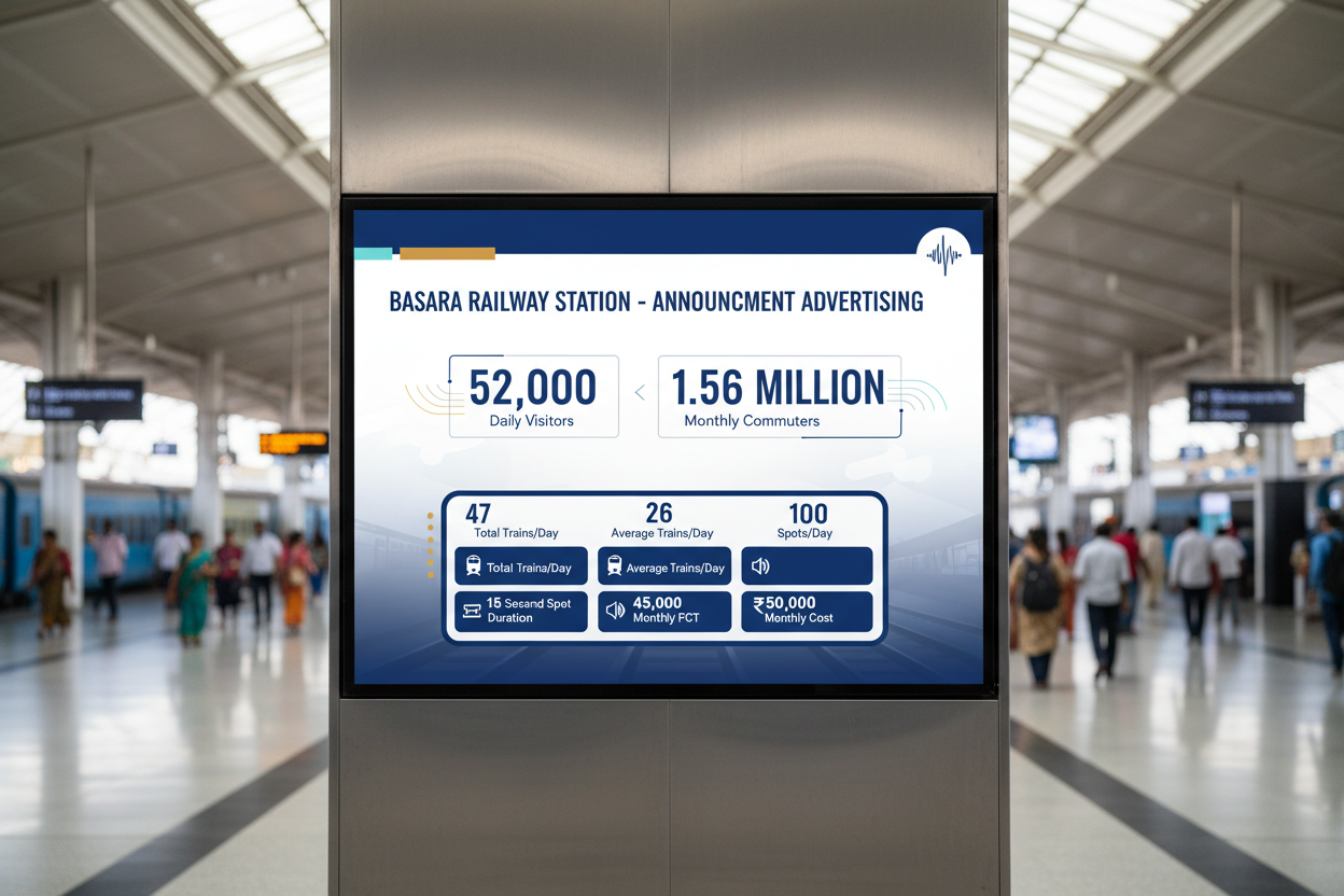 Basara Railway Station - Announcement Advertising

Reach a substantial audience at Basara with 52,000 daily visitors and 1.56 million monthly commuters through audio announcements.

Station Statistics:

Total Trains/Day: 47
Average Trains/Day: 26
Daily Visitors Reach: 52,000 passengers
Monthly Visitors Reach: 1,560,000 passengers
No. of Spots/Day: 100 advertising units
Spot Duration In Sec: 15 seconds per display
Monthly FCT at Each Station: 45,000
Monthly Station Wise Cost: ₹50,000
Details on image