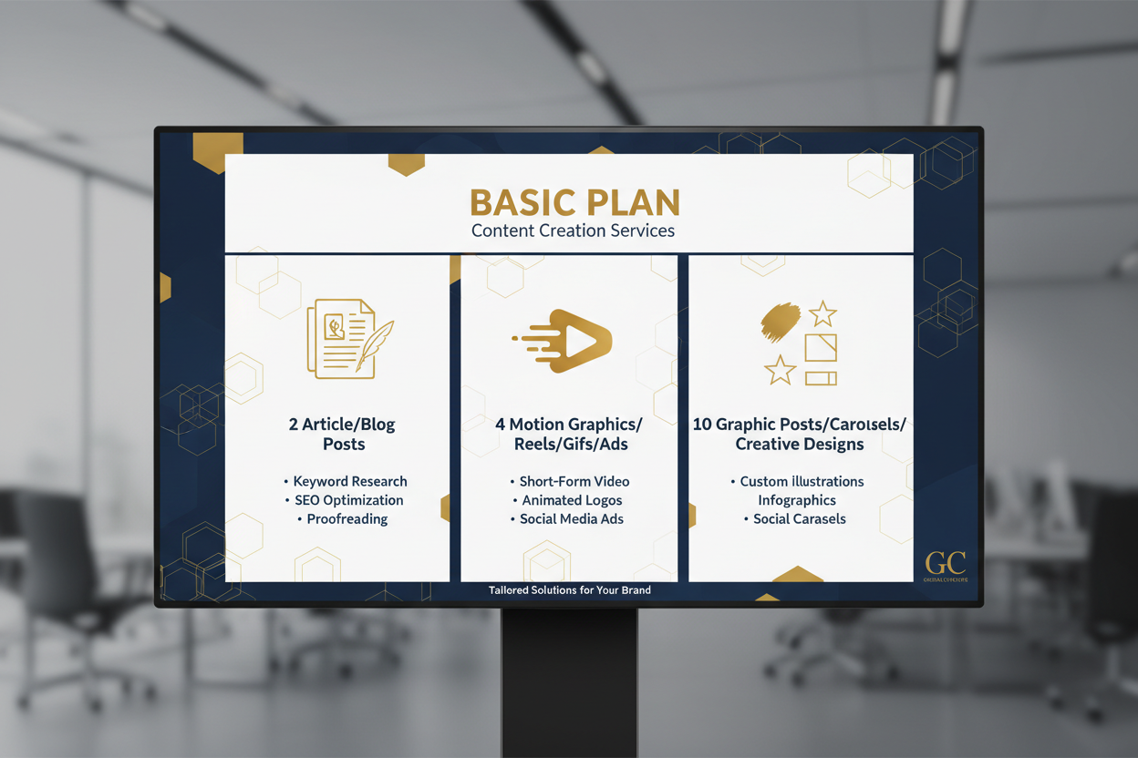 Basic Plan
2 Article/Blog Posts
4 Motion I-Graphic/Reels/Gifs/Ads
10 Graphic Post/Carousels/Creative Designs