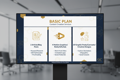 Basic Plan
2 Article/Blog Posts
4 Motion I-Graphic/Reels/Gifs/Ads
10 Graphic Post/Carousels/Creative Designs