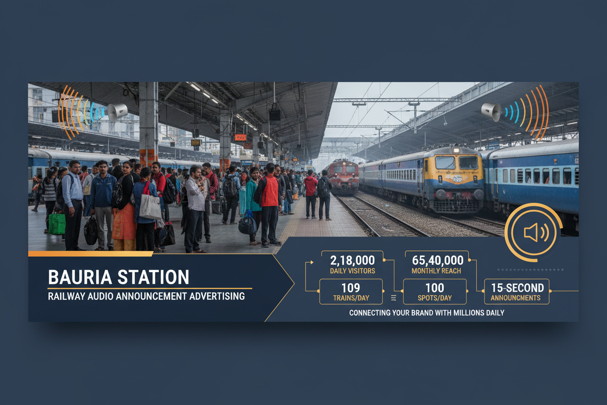 Bauria Station - Railway Announcement Advertising
Reach a substantial audience at Bauria with 2,18,000 daily visitors and 65,40,000 monthly commuters through audio announcements.
Station Statistics
Station Name: Bauria (111 panels)
Total Trains/Day: 109 trains
Daily Visitors Reach: 2,18,000 passengers
Monthly Visitors Reach: 65,40,000 passengers
No. of Spots/Day: 100 advertising units
Spot Duration: 15 seconds per announcement
Monthly FCT at Each Station: 45,000
Monthly Station Wise Cost: ₹1,60,000
img 