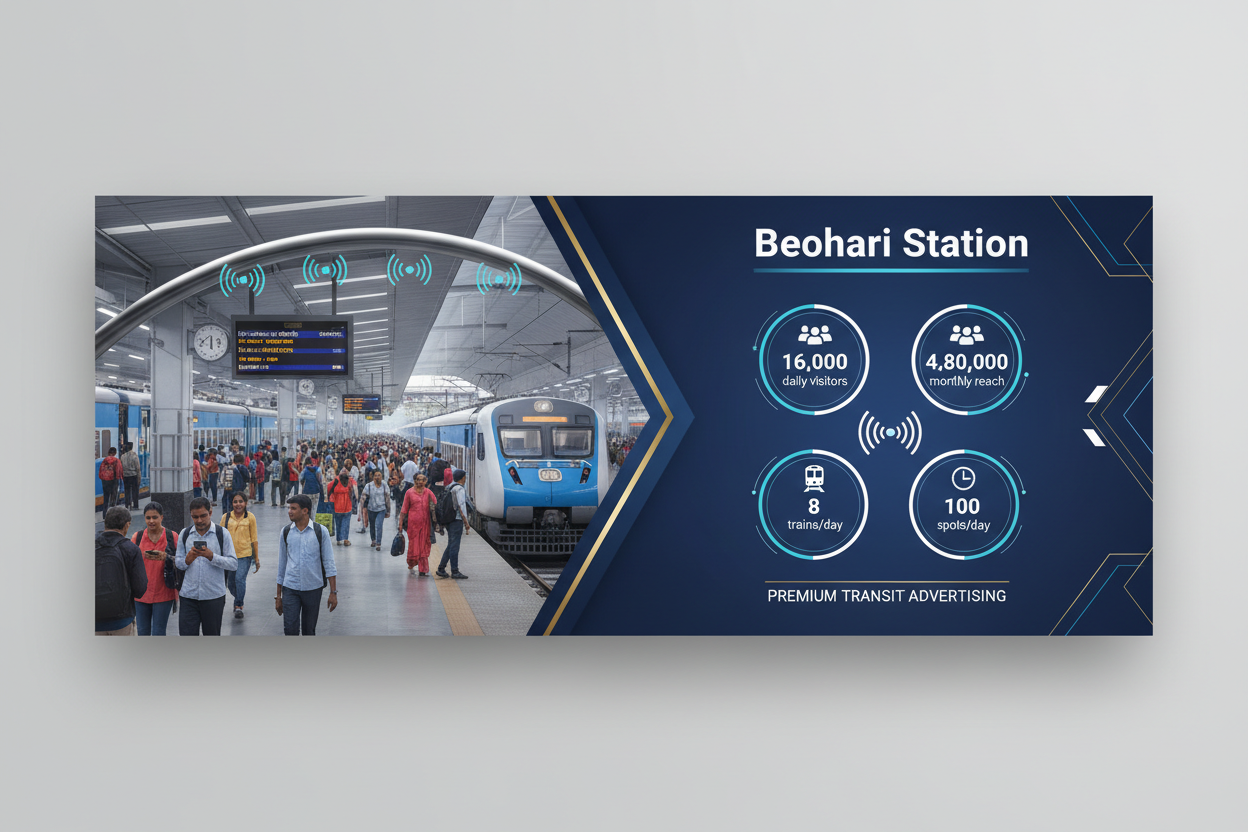 Beohari Station - Railway Announcement Advertising

Reach a substantial audience at Beohari with 16,000 daily visitors and 4,80,000 monthly commuters through audio announcements.

Station Statistics
Station Name: Beohari (16 panels)
Total Trains/Day: 8 trains
Daily Visitors Reach: 16,000 passengers
Monthly Visitors Reach: 4,80,000 passengers
No. of Spots/Day: 100 advertising units
Spot Duration: 15 seconds per announcement
Monthly FCT at Each Station: 45,000
Monthly Station Wise Cost: ₹25,000
Cretae img 