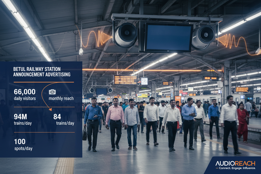 Betul Railway Station - Announcement Advertising

Reach a substantial audience at Betul with 66,000 daily visitors and 1.98 million monthly commuters through audio announcements.

Station Statistics:

Total Trains/Day: 84
Average Trains/Day: 33
Daily Visitors Reach: 66,000 passengers
Monthly Visitors Reach: 1,980,000 passengers
No. of Spots/Day: 100 advertising units
Spot Duration In Sec: 15 seconds per display
Monthly FCT at Each Station: 45,000
Monthly Station Wise Cost: ₹90,000
create image 