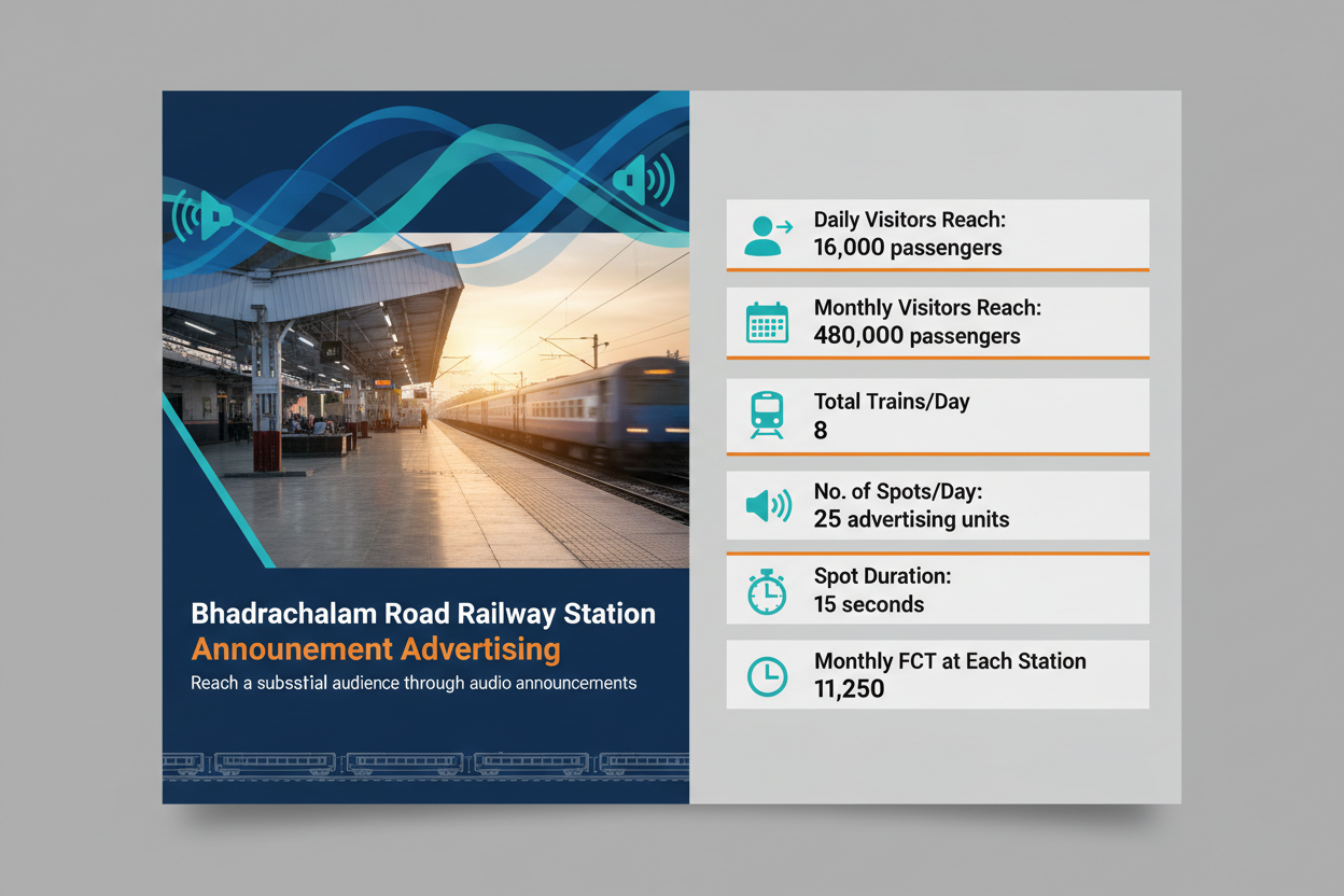 Bhadrachalam Road Railway Station - Announcement Advertising
Reach a substantial audience at Bhadrachalam Road with 16,000 daily visitors and 480,000 monthly commuters through audio announcements.
Station Statistics:
Total Trains/Day: 8
Average Trains/Day: 8
Daily Visitors Reach: 16,000 passengers
Monthly Visitors Reach: 480,000 passengers
No. of Spots/Day: 25 advertising units
Spot Duration In Sec: 15 seconds per display
Monthly FCT at Each Station: 11,250
 use detials on image 
