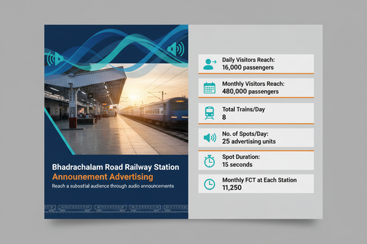 Bhadrachalam Road Railway Station - Announcement Advertising
Reach a substantial audience at Bhadrachalam Road with 16,000 daily visitors and 480,000 monthly commuters through audio announcements.
Station Statistics:
Total Trains/Day: 8
Average Trains/Day: 8
Daily Visitors Reach: 16,000 passengers
Monthly Visitors Reach: 480,000 passengers
No. of Spots/Day: 25 advertising units
Spot Duration In Sec: 15 seconds per display
Monthly FCT at Each Station: 11,250
 use detials on image 