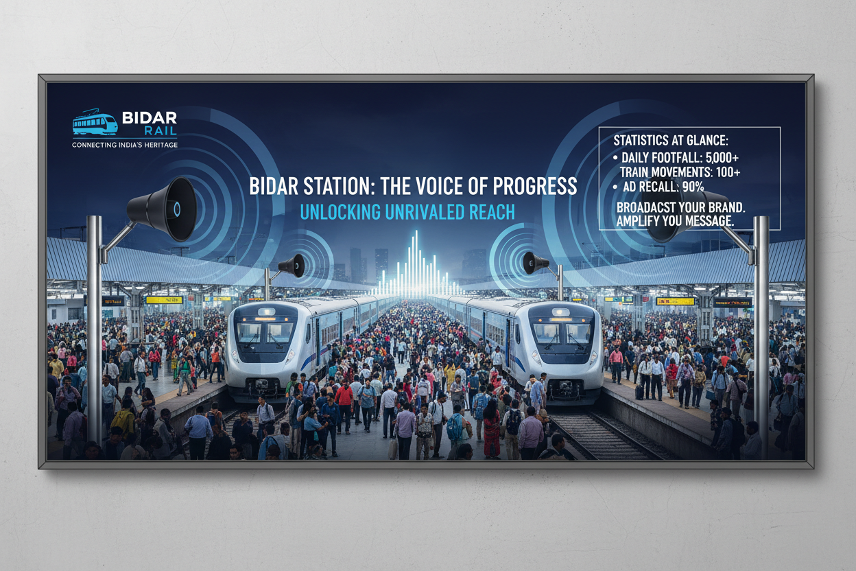 Bidar Station - Railway Announcement Advertising

Reach a substantial audience at Bidar with 40,000 daily visitors and 12,00,000 monthly commuters through audio announcements.

Station Statistics
Station Name: Bidar (35 panels)
Total Trains/Day: 20 trains
Daily Visitors Reach: 40,000 passengers
Monthly Visitors Reach: 12,00,000 passengers
No. of Spots/Day: 100 advertising units
Spot Duration: 15 seconds per announcement
Monthly FCT at Each Station: 45,000
Monthly Station Wise Cost: ₹70,000
create image 