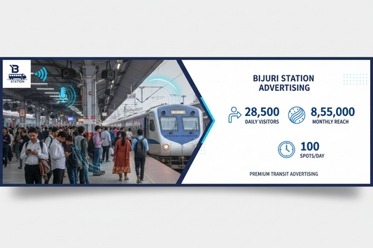 Bijuri Station - Railway Announcement Advertising

Reach a substantial audience at Bijuri with 28,500 daily visitors and 8,55,000 monthly commuters through audio announcements.

Station Statistics
Station Name: Bijuri (23 panels)
Total Trains/Day: 19 trains
Daily Visitors Reach: 28,500 passengers
Monthly Visitors Reach: 8,55,000 passengers
No. of Spots/Day: 100 advertising units
Spot Duration: 15 seconds per announcement
Monthly FCT at Each Station: 45,000
Monthly Station Wise Cost: ₹60,000
create img 