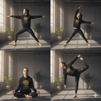 black hoodie karya chakra wheel of energy front view

yoga hoodie chakra mandala print unisex

spiritual streetwear hoodie women yoga pose

cotton fleece hoodie black 320 gsm karya