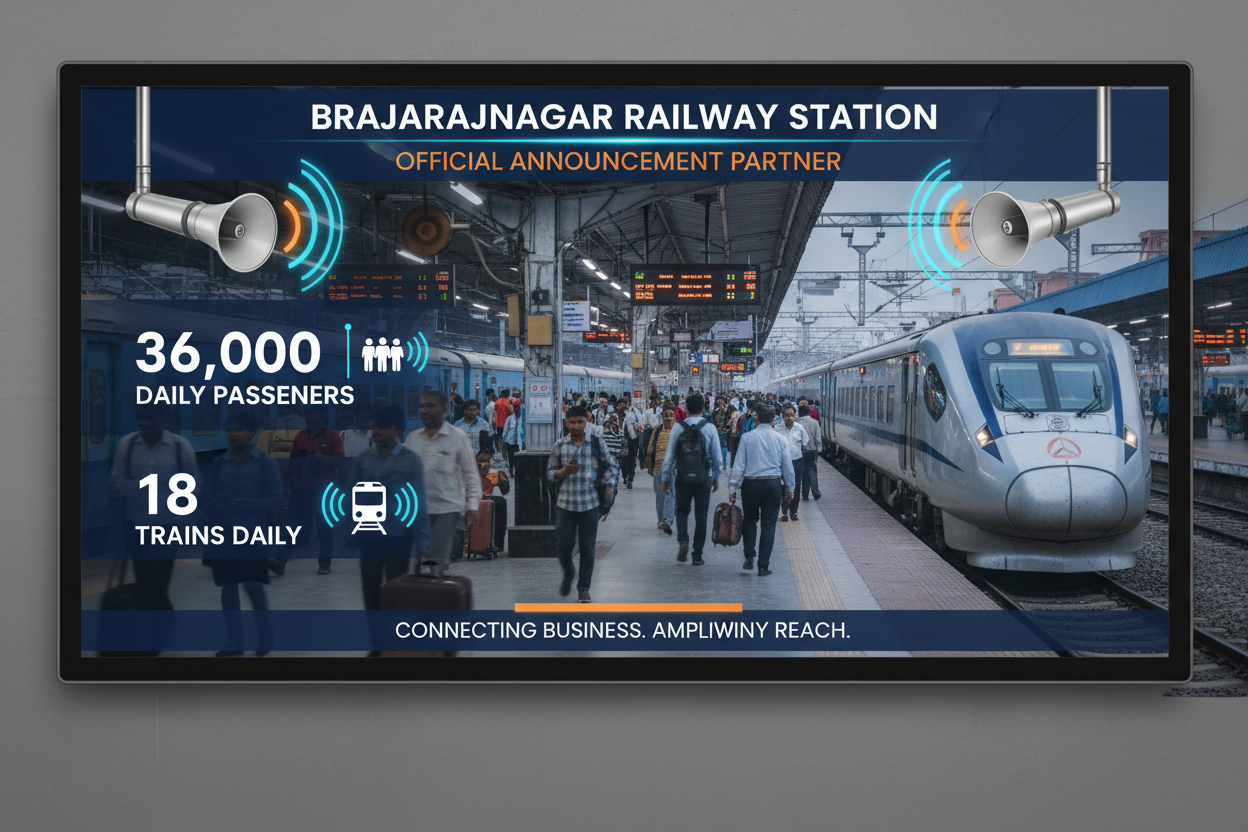 Brajarajnagar Station - Railway Announcement Advertising

Reach a substantial audience at Brajarajnagar with 36,000 daily visitors and 10,80,000 monthly commuters through audio announcements.

Station Statistics
Station Name: Brajarajnagar (24 panels)
Total Trains/Day: 18 trains
Daily Visitors Reach: 36,000 passengers
Monthly Visitors Reach: 10,80,000 passengers
No. of Spots/Day: 100 advertising units
Spot Duration: 15 seconds per announcement
Monthly FCT at Each Station: 45,000
create img 