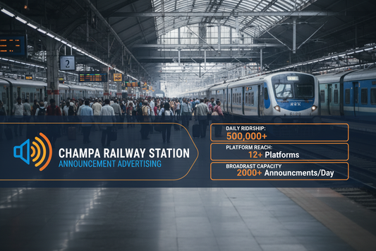 Champa Station - Railway Announcement Advertising

Reach a substantial audience at Champa with 1,00,000 daily visitors and 30,00,000 monthly commuters through audio announcements.

Station Statistics
Station Name: Champa (75 panels)
Total Trains/Day: 50 trains
Daily Visitors Reach: 1,00,000 passengers
Monthly Visitors Reach: 30,00,000 passengers
No. of Spots/Day: 100 advertising units
Spot Duration: 15 seconds per announcement
Monthly FCT at Each Station: 45,000
Monthly Station Wise Cost: ₹80,000
create img