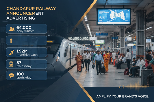 Chandrapur Railway Station - Announcement Advertising

Reach a substantial audience at Chandrapur with 64,000 daily visitors and 1.92 million monthly commuters through audio announcements.

Station Statistics:

Total Trains/Day: 87
Average Trains/Day: 32
Daily Visitors Reach: 64,000 passengers
Monthly Visitors Reach: 1,920,000 passengers
No. of Spots/Day: 100 advertising units
Spot Duration In Sec: 15 seconds per display
Monthly FCT at Each Station: 45,000
Monthly Station Wise Cost: ₹1,40,000
Create image 