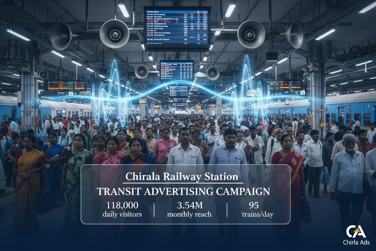 Chirala Railway Station - Announcement Advertising
Reach a substantial audience at Chirala with 118,000 daily visitors and 3.54 million monthly commuters through audio announcements.
Station Statistics:
Total Trains/Day: 95
Average Trains/Day: 59
Daily Visitors Reach: 118,000 passengers
Monthly Visitors Reach: 3,540,000 passengers
No. of Spots/Day: 100 advertising units
Spot Duration In Sec: 15 seconds per display
Monthly FCT at Each Station: 45,000
Monthly Station Wise Cost: ₹1,00,000
create image 