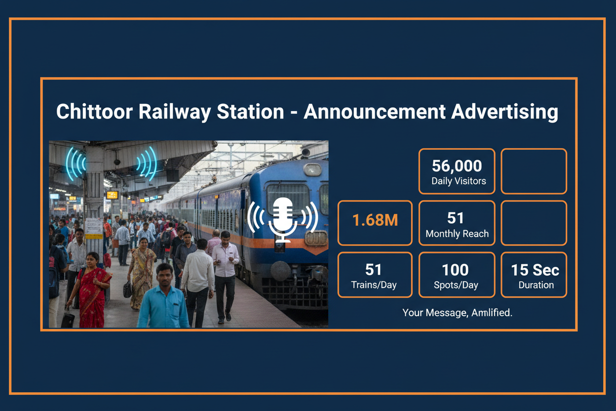 Chittoor Railway Station - Announcement Advertising

Reach a substantial audience at Chittoor with 56,000 daily visitors and 1.68 million monthly commuters through audio announcements.

Station Statistics:

Total Trains/Day: 51
Average Trains/Day: 28
Daily Visitors Reach: 56,000 passengers
Monthly Visitors Reach: 1,680,000 passengers
No. of Spots/Day: 100 advertising units
Spot Duration In Sec: 15 seconds per display
Monthly FCT at Each Station: 45,000
Monthly Station Wise Cost: ₹1,10,000
create image 