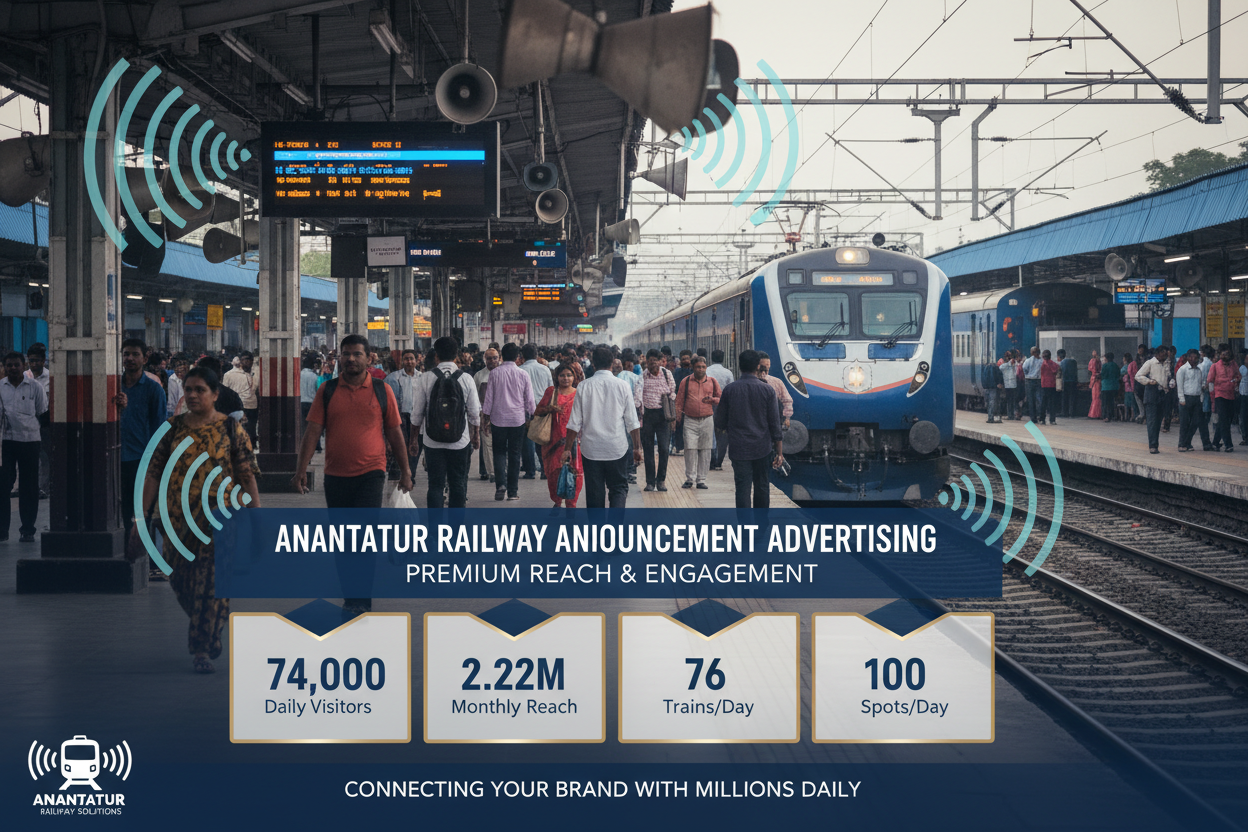 create a image - Anantapur Railway Station - Announcement Advertising

Reach a substantial audience at Anantapur with 74,000 daily visitors and 2.22 million monthly commuters through audio announcements.

Station Statistics:

Total Trains/Day: 76
Average Trains/Day: 37
Daily Visitors Reach: 74,000 passengers
Monthly Visitors Reach: 2,220,000 passengers
No. of Spots/Day: 100 advertising units
Spot Duration In Sec: 15 seconds per display
Monthly FCT at Each Station: 45,000
Monthly Station Wise Cost: ₹1,20,000