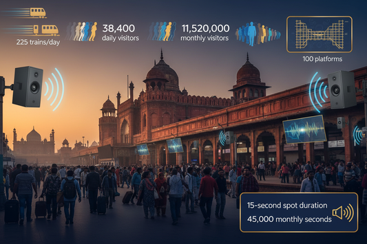 create image highlighting. Railway Audio Announcement Service at Delhi Junction (Old Delhi) Railway Station

Reach 38,400 daily visitors and 11,520,000 monthly visitors at this historic railway hub.

Region: Delhi
Total Trains/Day: 225
Average Trains/Day: 192
Platforms: 100
Spot Duration: 15 seconds
Monthly Seconds: 45,000

Ideal for reaching diverse audiences in Old Delhi's commercial and cultural center.