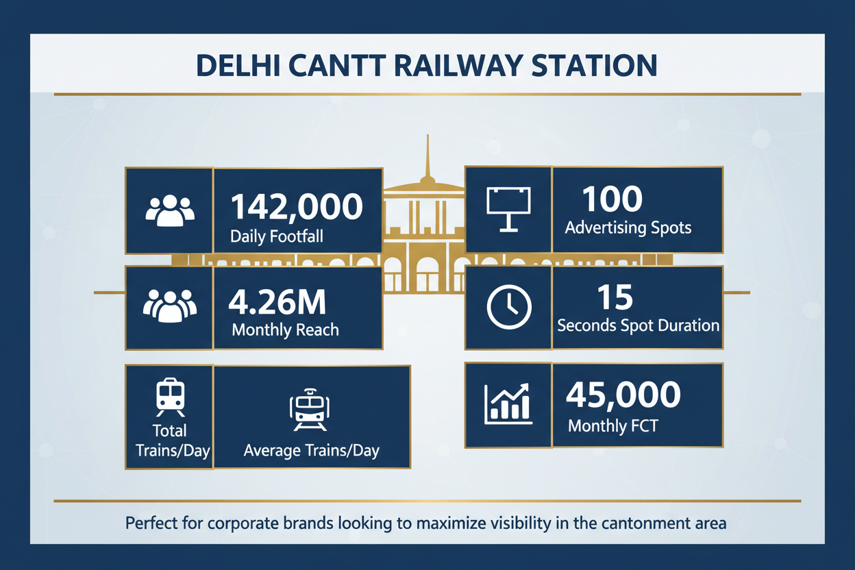 create image highlights. Delhi Cantt Railway Station 

Reach a substantial audience at Delhi Cantonment with 142,000 daily visitors and 4.26 million monthly commuters.

Daily Footfall: 142,000 visitors
Monthly Reach: 4,260,000 passengers
Total Trains/Day: 103
Average Trains/Day: 71
Available Spots: 100 advertising units
Spot Duration: 15 seconds per display
Monthly FCT: 45,000 at each station

Perfect for corporate brands looking to maximize visibility in the cantonment area