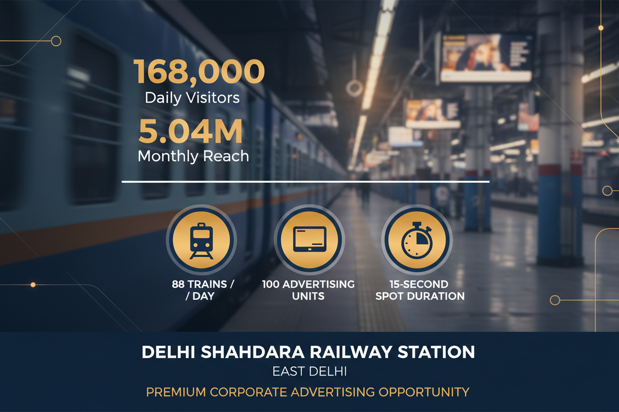 create image highlights. Delhi Shahdara Railway Station - Premium Advertising Opportunity

Reach a substantial audience at Shahdara with 168,000 daily visitors and 5.04 million monthly commuters.

Daily Footfall: 168,000 visitors
Monthly Reach: 5,040,000 passengers
Total Trains/Day: 88
Average Trains/Day: 84
Available Spots: 100 advertising units
Spot Duration: 15 seconds per display
Monthly FCT: 45,000 at each station

Perfect for corporate brands looking to maximize visibility in East Delhi. High-impact a