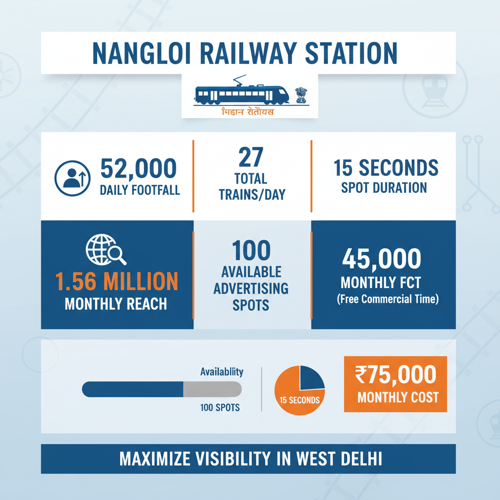 create image highlights. Nangloi Railway Station&nbsp;

Reach a substantial audience at Nangloi with 52,000 daily visitors and 1.56 million monthly commuters.

Daily Footfall: 52,000 visitors
Monthly Reach: 1,560,000 passengers
Total Trains/Day: 27
Average Trains/Day: 26
Available Spots: 100 advertising units
Spot Duration: 15 seconds per display
Monthly FCT: 45,000 at each station
Monthly Station Wise Cost: ₹75,000

Perfect for brands looking to maximize visibility in West Delhi. High-impact advertising wi