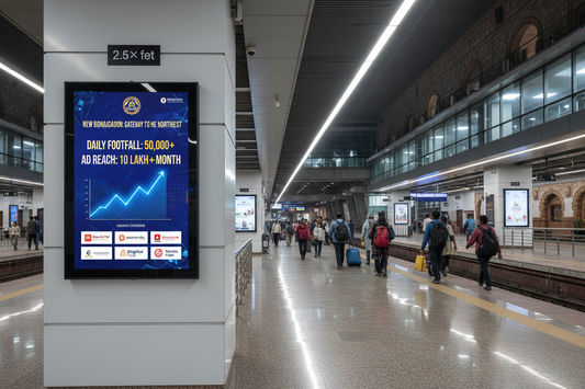 create image - Premium Railway Advertising Space at New Bongaigaon Assam Station

Location: New Bongaigaon Assam Railway Station, Assam

Screen Specifications:

Type: Static Screen
Size: 2.5×2 feet
Count: 24 screens available
Daily Visitors: 30,000 impressions per screen
Monthly Reach: 9,00,000 viewers