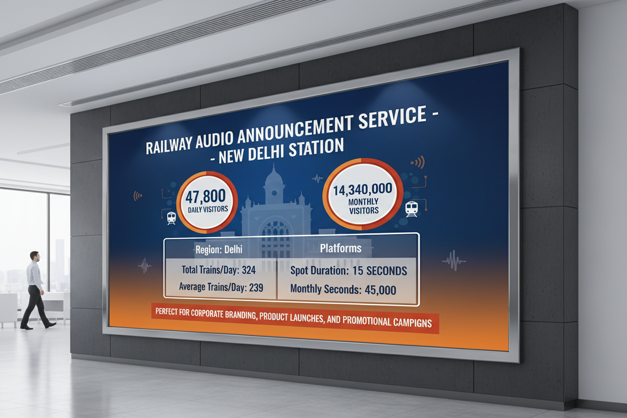 Create Image showcasing highlights. Railway Audio Announcement Service at New Delhi Station

Reach 47,800 daily visitors and 14,340,000 monthly visitors at one of India's busiest railway stations.

Region: Delhi
Total Trains/Day: 324
Average Trains/Day: 239
Platforms: 100
Spot Duration: 15 seconds
Monthly Seconds: 45,000

Perfect for corporate branding, product launches, and promotional campaigns targeting high-footfall railway audiences.