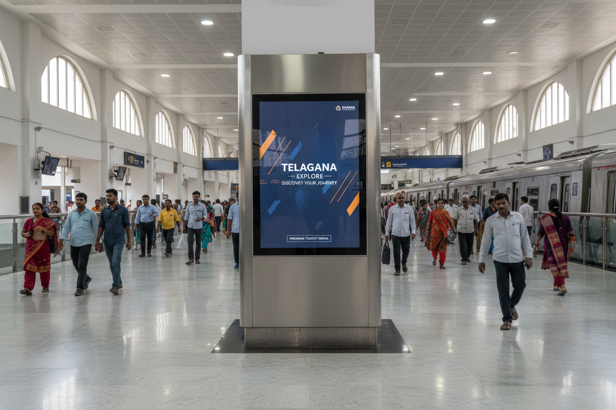 create image using this details for the railway station - Premium Railway Station Advertising in Necklace Road, Telangana

Capture the attention of thousands of daily commuters with high-impact advertising at Necklace Road Railway Station. This premium 43-inch advertising placement offers exceptional visibility in one of Telangana's key transit hubs.

Placement Details:

Location: Necklace Road Railway Station, Telangana
Display Size: 43 inches
Quantity: 2 displays
Aspect Ratio: 3.2*1.8
