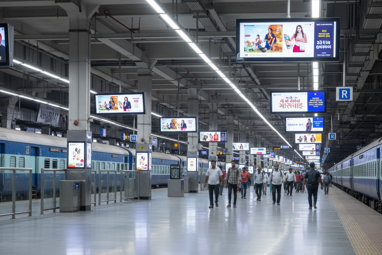 create image using this details - Premium Railway Advertising Space at Ahmedabad Railway Station - Platforms

Location: Platforms, Ahmedabad Railway Station, Gujarat

Screen Specifications:

Type: LED Display (100 LED TVs)
Size: 43 inches per screen
Count: 100 premium LED displays across platforms
Total Screens: 281 advertising spots
Daily Reach: 1,20,000 impressions
Monthly Reach: 36,00,000 viewers
Campaign Duration: 540 days
Spots per Day: 10
Monthly Investment: ₹10,00,000