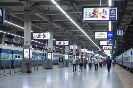 create image using this details - Premium Railway Advertising Space at Ahmedabad Railway Station - Platforms

Location: Platforms, Ahmedabad Railway Station, Gujarat

Screen Specifications:

Type: LED Display (100 LED TVs)
Size: 43 inches per screen
Count: 100 premium LED displays across platforms
Total Screens: 281 advertising spots
Daily Reach: 1,20,000 impressions
Monthly Reach: 36,00,000 viewers
Campaign Duration: 540 days
Spots per Day: 10
Monthly Investment: ₹10,00,000