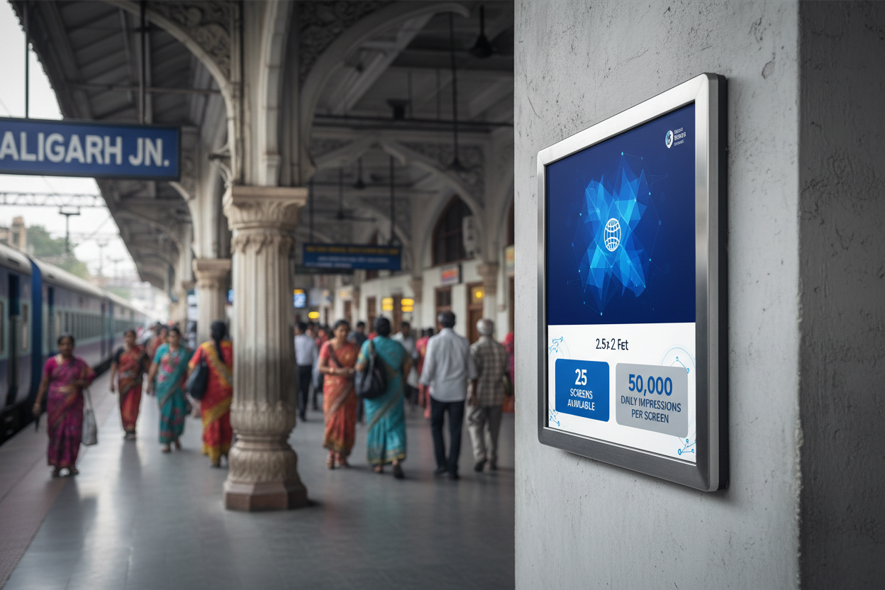 create image using this details - Premium Railway Advertising Space at Aligarh Station

Location: Aligarh Railway Station, Uttar Pradesh

Screen Specifications:

Type: Static Screen
Size: 2.5×2 &nbsp;feet
Count: 25 screens available
Daily Visitors: 50,000 impressions per screen
Monthly Reach: 15,00,000 viewers

Advertising Benefits: