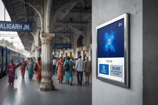 create image using this details - Premium Railway Advertising Space at Aligarh Station

Location: Aligarh Railway Station, Uttar Pradesh

Screen Specifications:

Type: Static Screen
Size: 2.5×2 &nbsp;feet
Count: 25 screens available
Daily Visitors: 50,000 impressions per screen
Monthly Reach: 15,00,000 viewers

Advertising Benefits: