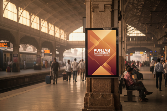 create image using this details - Premium Railway Advertising Space at Amritsar Railway Station

Location: Amritsar Railway Station, Punjab

Screen Specifications:

Type: Static Screen
Size: 52 Inch display
Count: 40 premium static screens
Daily Reach: 80 impressions per screen
Monthly Investment: ₹4,80,000