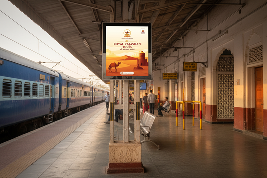 create image using this details - Premium Railway Advertising Space at Bharatpur Railway Station

Location: Bharatpur Railway Station, Rajasthan

Screen Specifications:

Type: Static Screen
Size: 50 Inch display
Count: 43 premium static screens
Daily Reach: 80 impressions per screen
Monthly Investment: ₹5,16,000