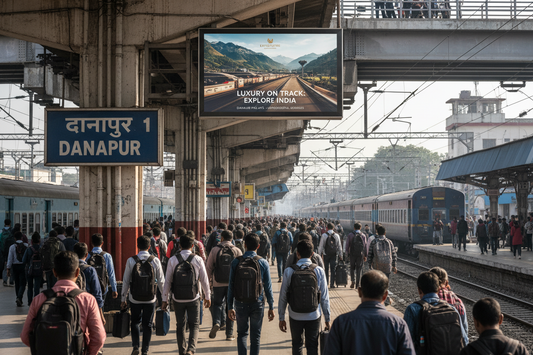 create image using this details - Premium Railway Advertising Space at DANAPUR Station

Location: Bridge 1, DANAPUR Railway Station, Bihar

Screen Specifications:

Type: Static Screen
Size: 30 square feet
Count: 90 screens available
Total Travelers: 319 daily footfall
Daily Visitors: 1,00,000 impressions per screen
Monthly Reach: 30,00,000 viewers