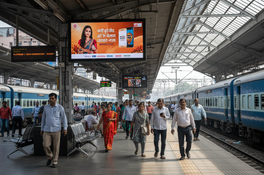 create image using this details - Premium Railway Advertising Space at GHAZIABAD Station

Location: GHAZIABAD Railway Station, Uttar Pradesh

Screen Specifications:

Type: Digital Screen
Size: 20×8 feet
Count: 1 screen available
Daily Visitors: 3,96,000 impressions per screen
Monthly Reach: 1,18,80,000 viewers
Duration: 20 seconds per ad slot
Operating Hours: 6am to 12am