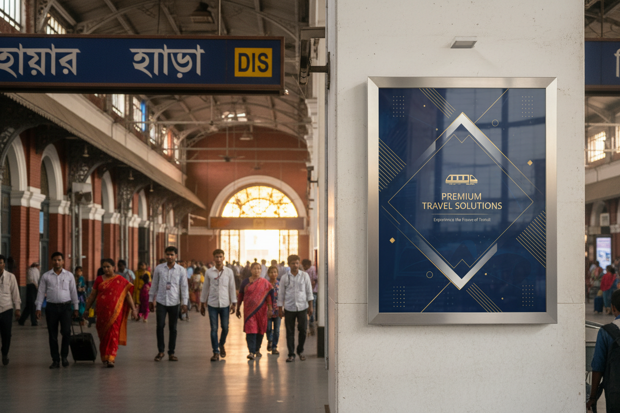 create image using this details - Premium Railway Advertising Space at Howrah - DDIS Railway Station

Location: Howrah - DDIS Railway Station, West Bengal

Screen Specifications:

Type: Static Screen
Size: 32 inch display
Count: 50 premium static screens
Daily Reach: 80 impressions per screen
Monthly Investment: ₹6,00,000