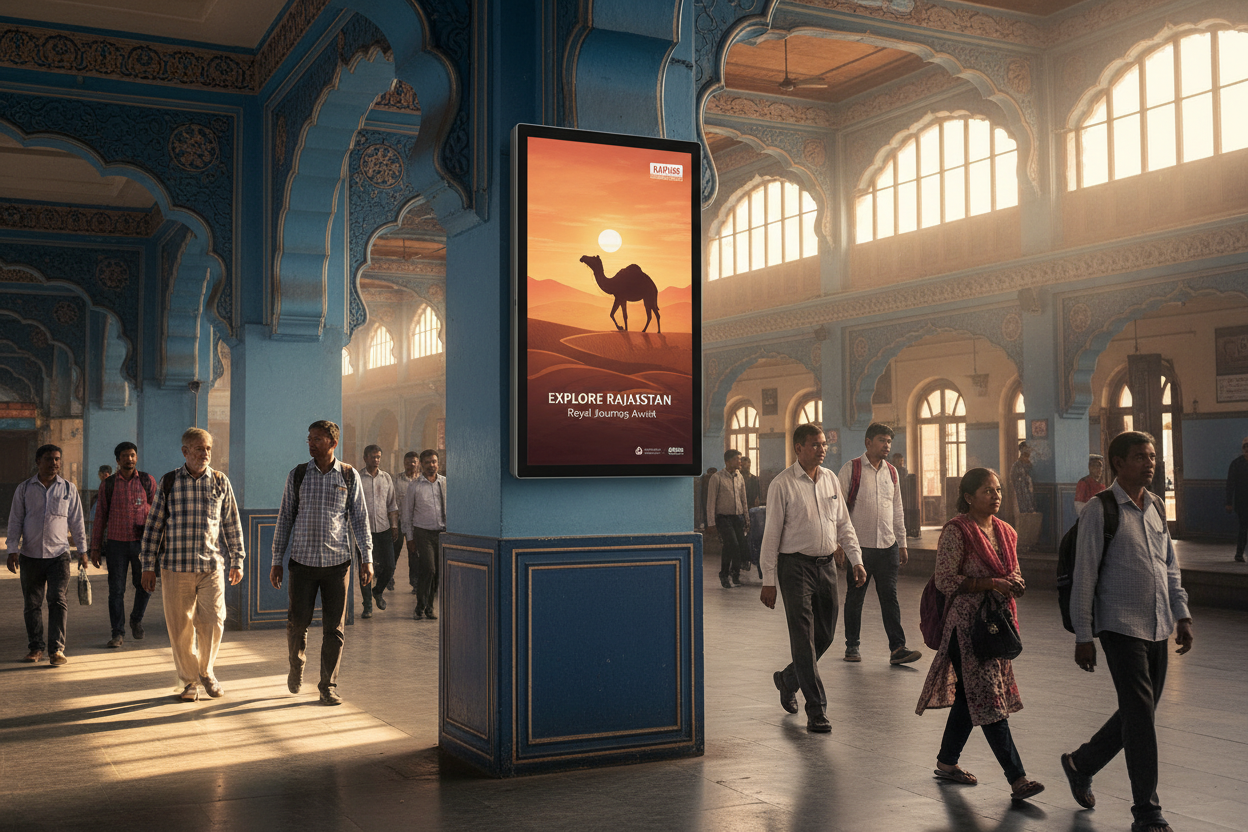 create image using this details - Premium Railway Advertising Space at Jodhpur Railway Station

Location: Jodhpur Railway Station, Rajasthan

Screen Specifications:

Type: Static Screen
Size: 50'/42'/32' inch display options
Count: 71 premium static screens
Daily Reach: 80 impressions per screen
Monthly Investment: ₹8,52,000